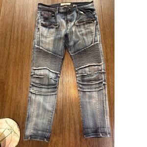 Jeanius Akademiks Moto Biker Jeans Mens 38x30 Blue Distressed Slim Stretch